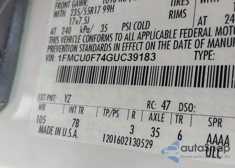 2016 Ford Escape S z USA, uszkodzony, nr VIN 1FMCU0F74GUC39183